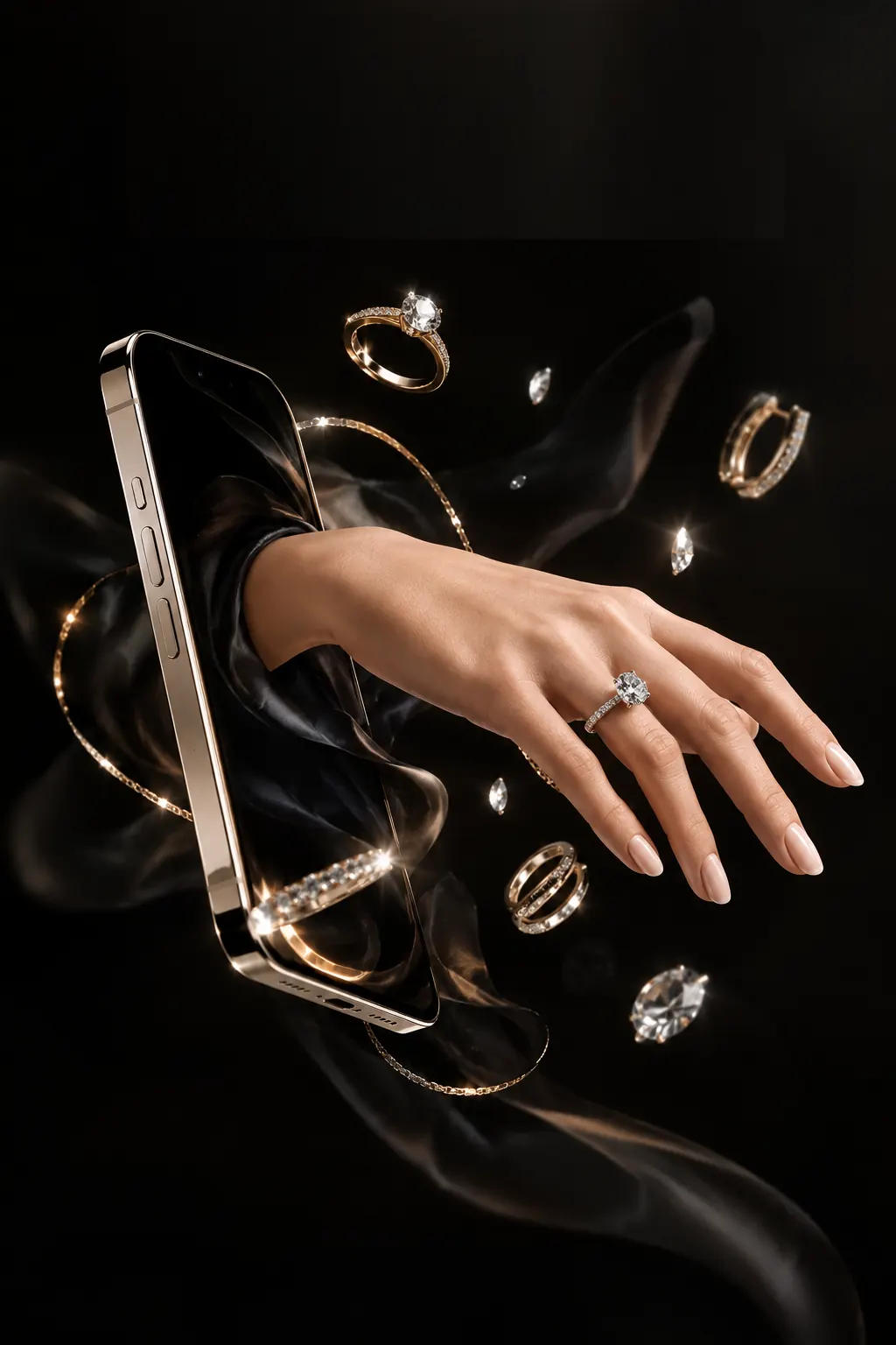 A hand wearing a diamond ring emerging from a smartphone, surrounded by gold jewellery